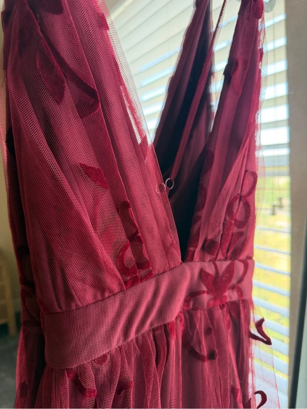 Windsor Burgundy Flocked Velvet Floral Tulle Maxi Gown Dress